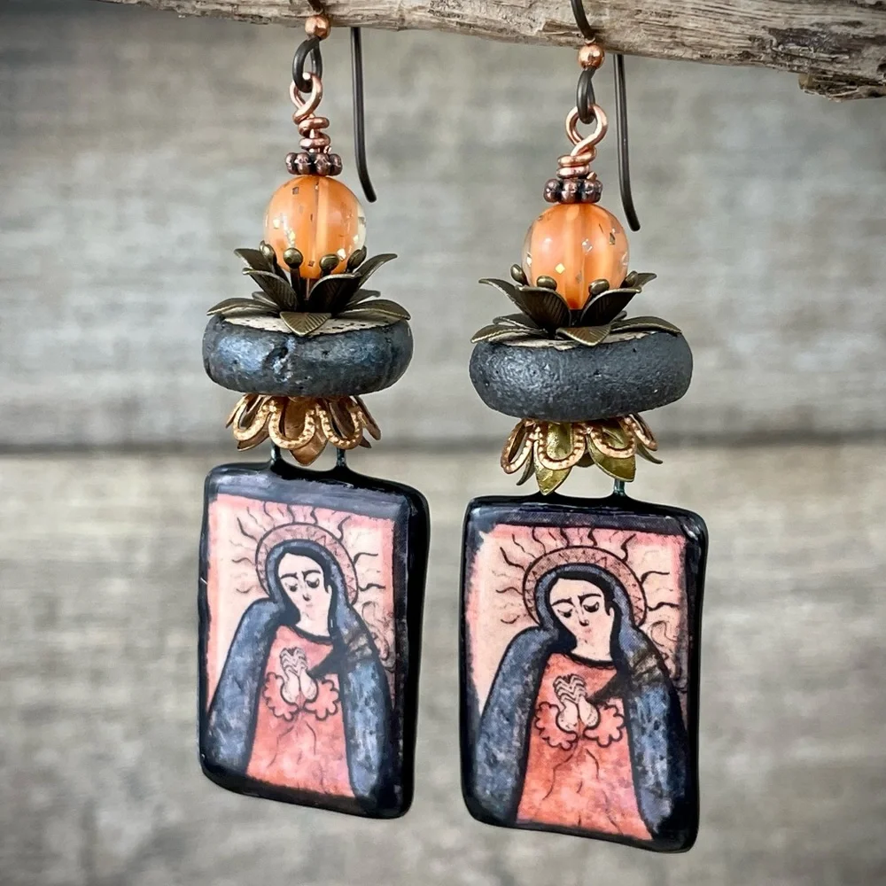 Ceramic charms statement earrings, our lady of sorrow charm earrings - Picture 3 of 5